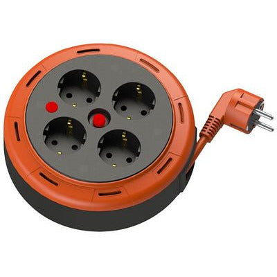 Kompaktne kassettrulliga pikenduskaabel, 5m pikkune kaabel 4 pistikupesaga IP20 + termosulavkaitsmed + lapsekaitsmed, 3x1mm2, SCHUKO tüüpi maandus , PHE-05310-F