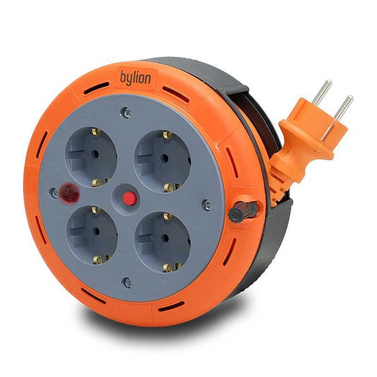 Kompaktne kassettrulliga pikenduskaabel, 5m pikkune kaabel 4 pistikupesaga IP20 + termosulavkaitselüliti + lapse kaitselüliti, 3x1mm2, prantsuse tüüpi (pin), PHE-05310-E