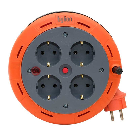 Kompaktne kassettrulliga pikenduskaabel, 5m pikkune kaabel 4 pistikupesaga IP20 + termosulavkaitsmed + lapsekaitsmed, 3x1mm2, SCHUKO tüüpi maandus , PHE-05310-F