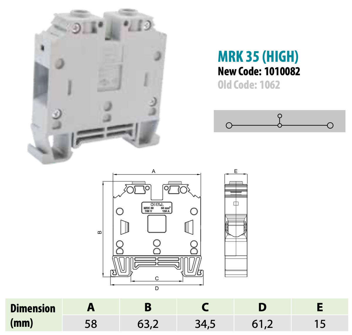 ONKA 35mm2 screw terminal block DIN-dash connectors 2-wire gray, 1010082
