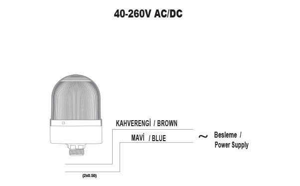 Vilkuv ø70 NUT.CONN.SIGNAL BEACON WITH BUZZER, 40-250V AC/DC, BLUE WITH 20CM EXTENSION TUBE.