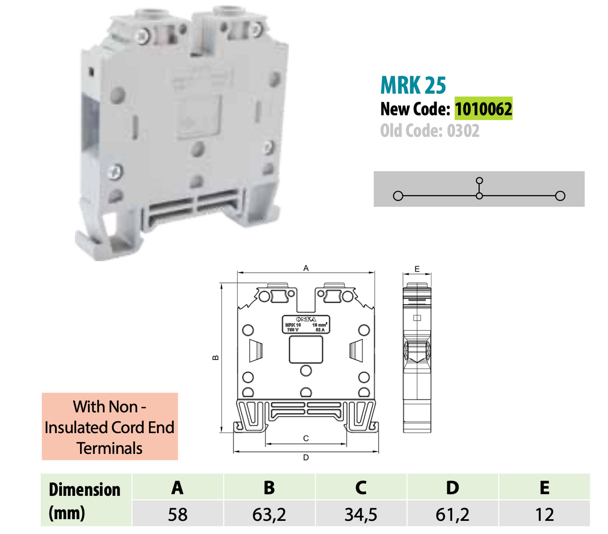 ONKA 25mm2 screw terminal block DIN rail terminal with 2 wires, gray, 1010062