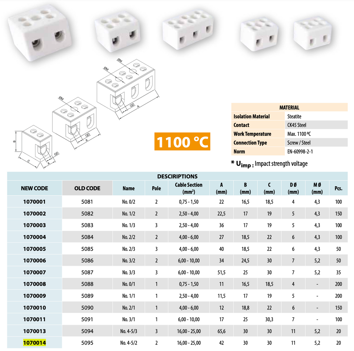 ONKA 6-10mm2 / 3-poolne steatiit / keraamiline / portselanist liitmik - PORCELAIN TERMINAL BLOCK, 1070007