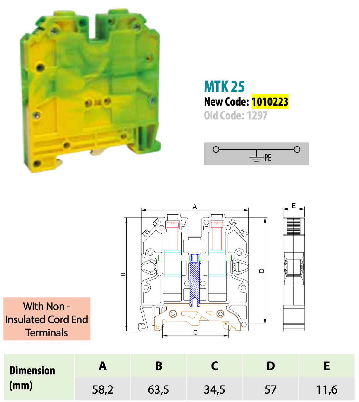 ONKA 16mm2 PE screw terminal block for DIN rail 2-wire gray, 1010223