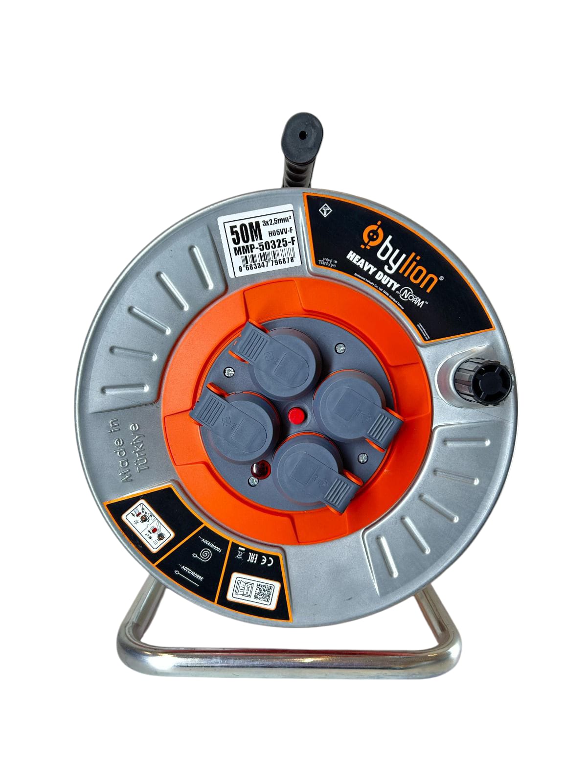Professional metal cable reel with copper cable 3x2.5 mm2, IP44, overload protection, current 16 A with 4 French-type sockets, length 50M, cable colour: orange